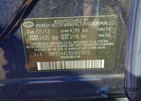 2013 Hyundai Sonata Limited z USA, uszkodzony, nr VIN 5NPEC4AC9DH697870